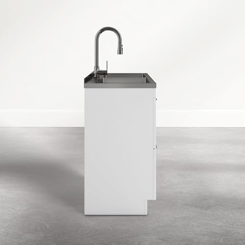 Image of SIMPLIHOME Modern Wide Shaker All-in-One 46 inch Wide Utility Sink and Laundry Cabinet in Glacier White Finish, Transitional Stainless Steel Sink Cabinet for Laundry Rooms with High-Arch Chrome Faucet