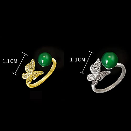 Butterfly Open Ring Chalcedony Jewelry Jade Band Rings for Women Round Genuine Green Eternity Ring (Color : Gold)4