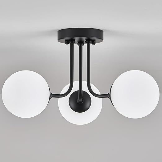 Mahganya Modern Semi Flush Mount Ceiling Light 3-Light,Globe White Glass Shade Semi Flush Mount Ceiling Light Black2-image-25