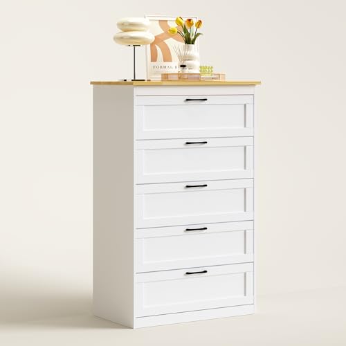 ROCSUMOO Kommode mit 5 Schubladen f&uuml;rs Schlafzimmer-Wei&szlig;e Holzkommode mit breitem Metallgriff, hohem Seitenspeicherschrank und Anti-Kipp-Ger&auml;t (40Bx70Tx110H cm)