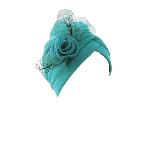 Turbante Gorro de Plumas y Flores para Mujer, Envolturas para Cabeza, Tocado para Bodas y Fiestas, Sombrero Musulmán, azul cian, Talla única