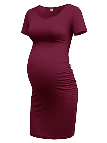 Glamix Damen figurbetont Umstandskleid kurzärmelig seitlich gerüscht Basic Midi Schwangerschaftskleid - Rot - Mittel Cover