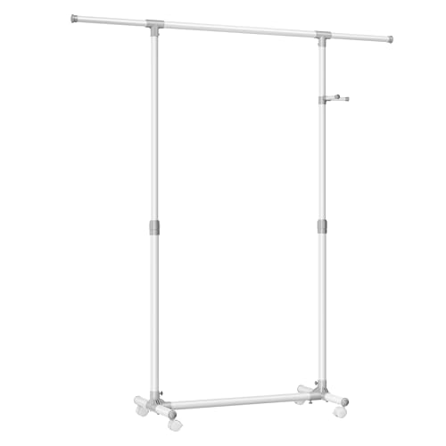 SONGMICS Portant à Vêtements, Porte-manteau, Porte-vêtements, Hauteur Réglable de 97 à 165 cm, Barre Extensible, Crochets Latéraux pour Accessoires, Blanc LLR001W01