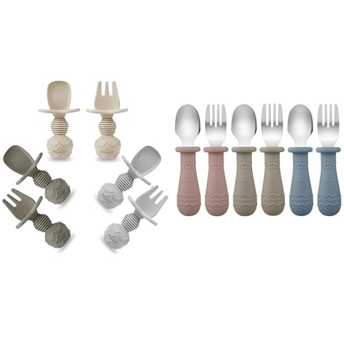 Image of PandaEar Silicone Baby Spoons & Toddler Utensils (Blue/Brown/Red)