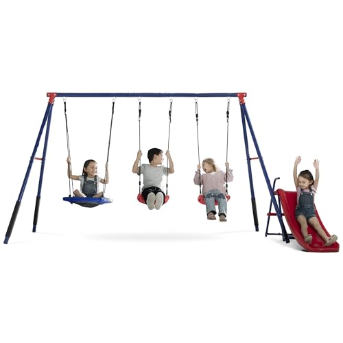 Image of Delta Children FunZone Outdoor Metal 4-Piece Swing Set - Includes 2 Swings, 1 Disc /Saucer Swing and Slide, Blue /Red