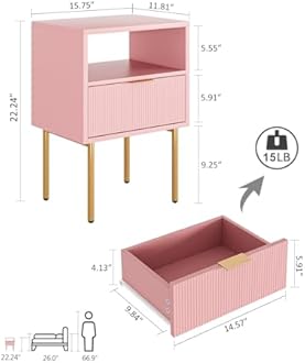 Masupu Night Stand,Mid-Century Modern Bedside Table with Storage Drawer and Open Wood Shelf,Small Gold Frame Side Table for Bedroom,Living Room, Pink