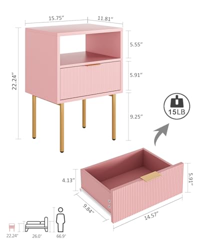 Masupu Night Stand,Mid-Century Modern Bedside Table with Storage Drawer and Open Wood Shelf,Small Gold Frame Side Table for Bedroom,Living Room, Pink