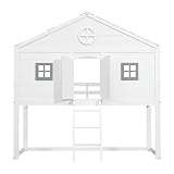 Merax Hochbett 90x200cm, Kinderbett Etagenbett mit Sicherheitsleiter, Rausfallschutz & Lattenrost, Hausbett mit Dach & Fenster, Platzsparendes Stockbett Jugendhochbett, Unterhaltungsbereich, Weiß