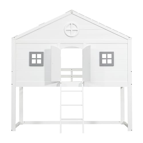 Merax Hochbett 90x200cm, Kinderbett Etagenbett mit Sicherheitsleiter, Rausfallschutz & Lattenrost, Hausbett mit Dach & Fenster, Platzsparendes Stockbett Jugendhochbett, Unterhaltungsbereich, Weiß