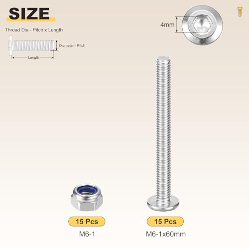 Image of METALLIXITY Crib Screws Replacement Set(M6-1x60) 30Pcs, Silver Tone, 304 Stainless Steel Hex Socket Screws with Lock Nuts - for Furniture Woodworking Project, Silver Tone
