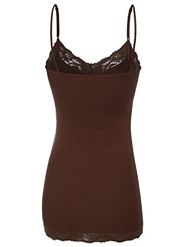 XT1004L Ladies Adjustable Spaghetti Strap Lace Trim Long Tunic Cami Tank Top Brown XL