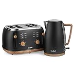 VonShef Kettle and Toaster Set – Scandi 1.7L Rapid Boil Kettle 3000W & 4 Slice Wide Slot Toaster 1500W with 6 Browning Controls & High Lift – Nordic Black and Wood Accents – Fika Range