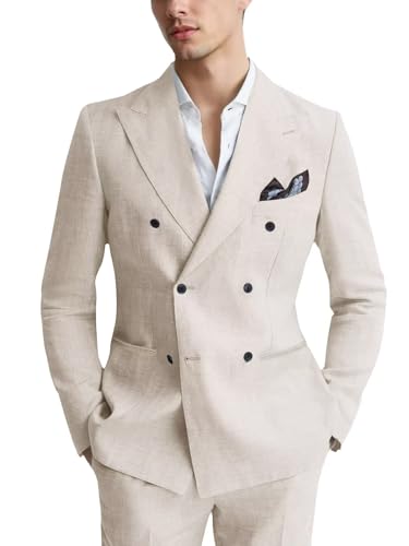 Men's Linen Suit 2 Piece Double Breasted Suits for Men Slim Fit Tuxedos Suits Set for Wedding Prom4