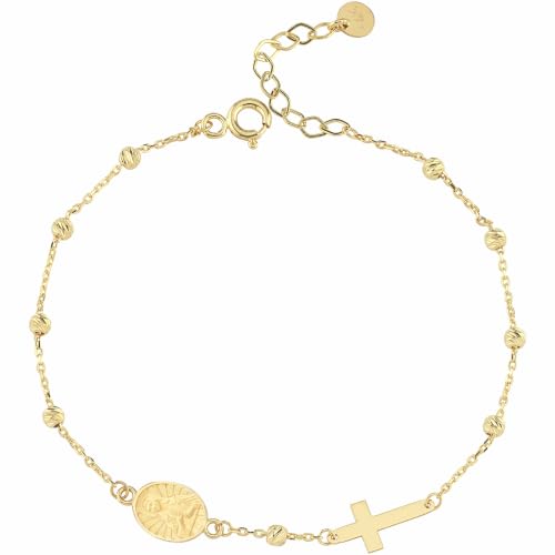 Image of MIONZA Catholic Medal Cross Bracelet for Women | 14K Gold Plated or Solid Gold, Religious Rosary Jewelry, Choose Your Saint Medal Bracelet