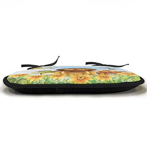 Lunarable Cartoon Chair Cushion Pads Set 12, Happy Animals Relaxing In Flowers Nature Butterfly Lion Graphic Print, Seat Padding For Office With Anti-Slip Backing, 16"X16", Orange Yellow And Blue #TOP2
