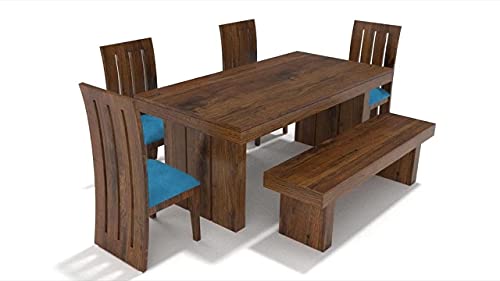 Image of Custom Decor Sheesham Wood Dining Set for Living Room | with Four Chair and One Bench | Honey Finish 6 Seater Foster with Bench SkyBlue