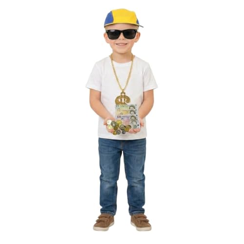 Costume de livre riche pour enfant – Déguisement avec casquette de baseball, lunettes noires, chaîne de dollars milliardaire, fausse monnaie et cravate d'école – Parfait pour Halloween et la journée