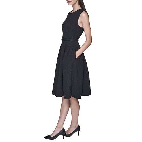 Image of Karl Lagerfeld Women's Sleeveless Crew Neck Flower Belt Floral Stretch Jacquard A-line Dress