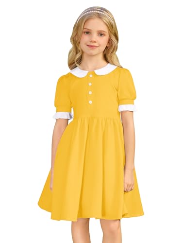 Kids 1950s Vintage Dresses for Girls Short Puff Sleeve 40s 50s Outfits Doll Collar Retro 50's Tea Party Dress Audrey Hepburn Formal Prom Rockabilly Cocktail Swing Style Dress Yellow 8-9 Years