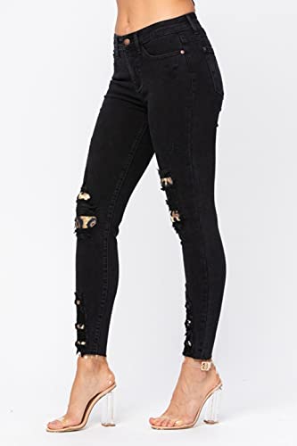 Judy Blue Black Destroyed Leopard Patch Mid-Rise Skinny Jeans! Show Your Wild Side! (Style: 82168) (15)2