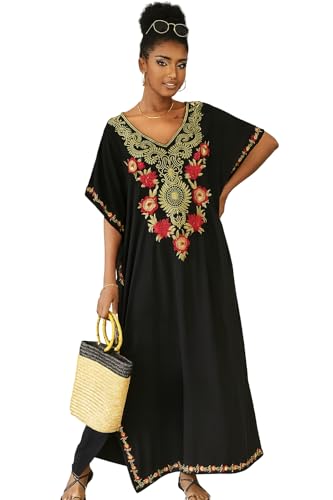 Image of Women’s Embroidered Kaftan Dress – Boho Maxi Beach Cover Up, V-Neck Loose Fit Swim Cover Up, Resort & Lounge Wear, One Size (Black)
