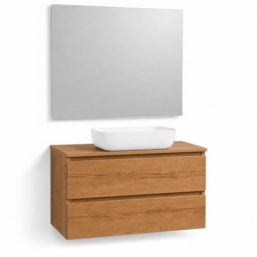 NEBADOON Mueble Baño con Lavabo sobre Encimera Y Espejo Mueble Suspendido De 2 Cajones con Cierre Suave Silent System Montado En Acabado Roble Gold 100 Cm Ancho 45 Cm Fondo 52 Cm Alto