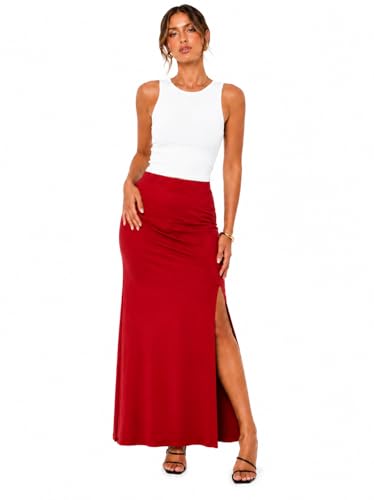 Image of INSAFIANS Ladies Jersey Maxi Skirt Stretchy Long Pencil Skirt Side Slit Casual Party Wear (RED LAD 10)