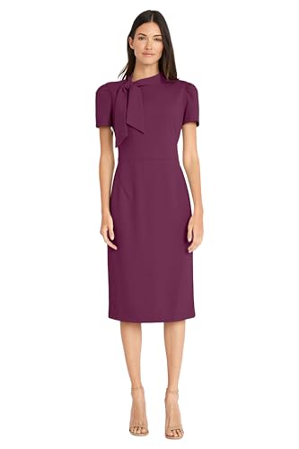 Maggy London Women's Midi Short Sleeve Sheath with Neck Tie Career Office Work Wear, Italian Plum