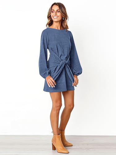 Image of PRETTYGARDEN Womens Spring Elegant Long Lantern Sleeve Short Dress Wedding Guest Crewneck Tie Waist Knit Cocktail Dresses