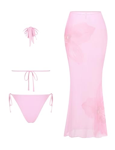 Image of ZAFUL Women's 3 Piece Floral Swimsuit Draped Neck Halter Bikini Tie Side Bathing Suit with Sheer Cover Up Skirt