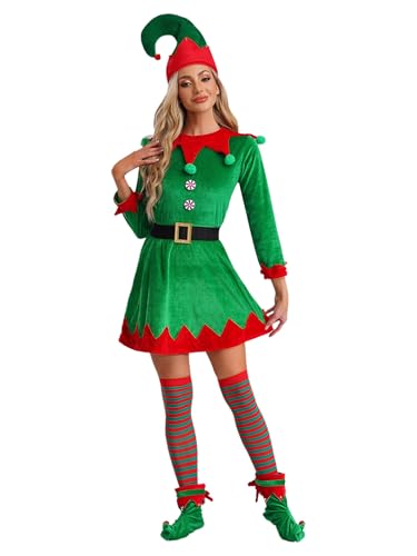 Miutii Vestido de elfo de Navidad para mujer, disfraz de elfo, vestido de Navidad con gorro, cinturón, medias, zapatos, vestido de Navidad, vestido de fiesta de Navidad, B verde S