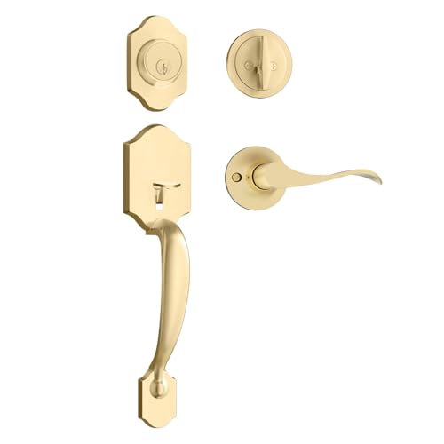 Haidms Gold Front Door Handle and Deadbolt Set, Front Door Lock Set, Gold Entry Door Locksets with Deadbolt Single Cylinder, Exterior Door Handle with Reversible Handle Lever