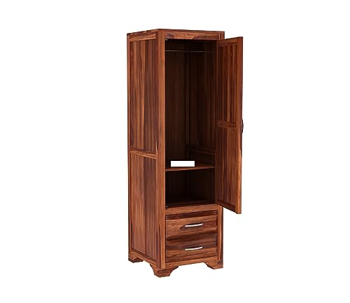 Image of Sheesham Wood Wooden Single Door Wardrobe Organizer for Clothes | - Solid Wood Almirah with 2 Drawers, 2 Shelves with Hanging Space - Cupboard for Large Bedroom (Design 30)