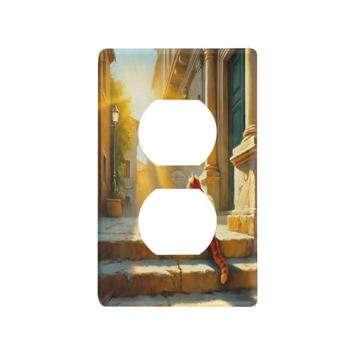 Cat Street Sunshine Light Switch Cover Decorative Receptacle Outlet Wall Plate Guard Plastic Wall Outlet Cover for Farmhouse Home Decor Livingroom (Duplex Outlets Cover)