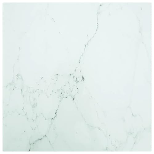 Makastle Plateau de Table Carré en Verre Trempé, Blanc avec Design Marbre, 80 x 80 cm, 6 mm d'Épaisseur, Moderne