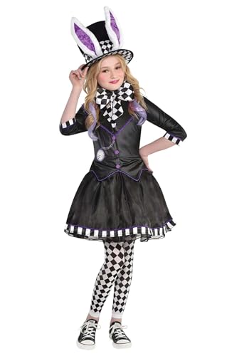 Fun Costumes Girls Dark Mad Hatter Costume | Kids Dress with Attached Jacket Tights Bow Tie Choker and Hat for Halloween Medium