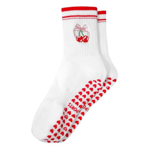 Pilates Grip Socks for Women, Grip Yoga Crew Cute Socks, Embroidery Cotton Sock for Yoga Barre Workout