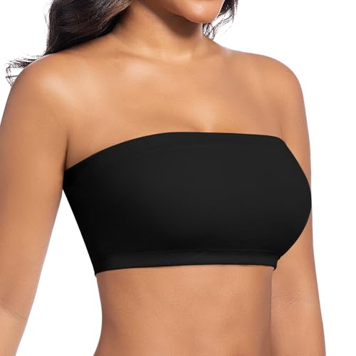 ONEW Nahtlos Bandeau BH Damen Trägerloser Bustier Top ohne Bügel Schulterfrei Bra Tube Top mit Transparenten Trägern Schwarz M