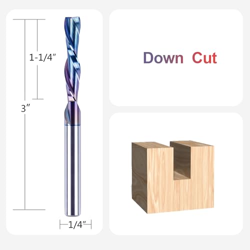 Image of SpeTool Down Cut Spiral Router Bits 1 /4 Shank with Coating, 1-1 /4 Inch Cutting Length 3 Inch OVL, CNC Bits for Wood Inlay Slot Mortise Cutting Carving Engraving