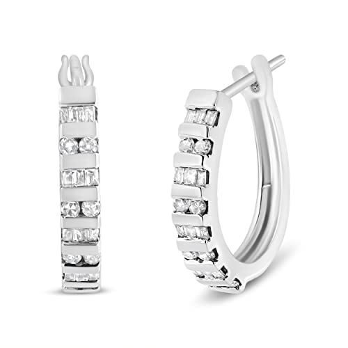 10K White Gold 1.0 Cttw Round and Baguette-Cut Diamond Hoop Earrings (I-J Color, I2-I3 Clarity)