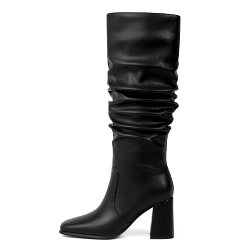 Image of Knee High Boots Women Square Toe Chunky Heel Fashion Tall Boots | Block Heel Gogo Boots with Side Zipper,Fashion Heeled Fall Winter Boots,Long Dressy Boots for Women