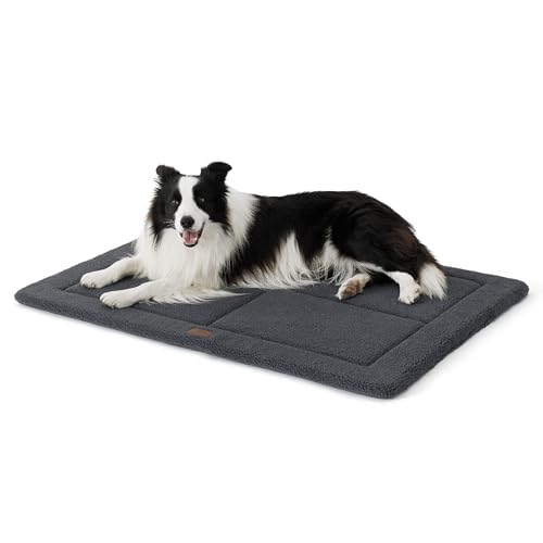 Bedsure Large Dog Bed Mat - Washable Fleece Foam Dog Bed Reversible Pet Mat, Large Dog Crate Mattress for Large Pets, 89x58cm, Dark Grey