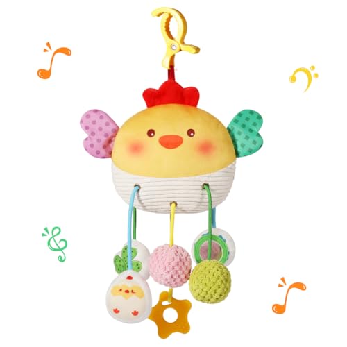 Image of Carseat Toys Hanging for Babies 0-6 Months Boy Girl – Chicken Pull String Baby Toy with Crinkle, Rattle, Mirror, BB Squeaker – Crib Toys Hanging, Stroller, Car Seat Toy, Baby Hanging