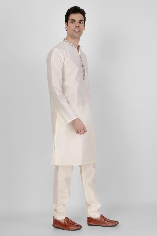 Mens Art Silk Embroidered Kurta Pajama Set For Wedding and Parties - Band Collar2