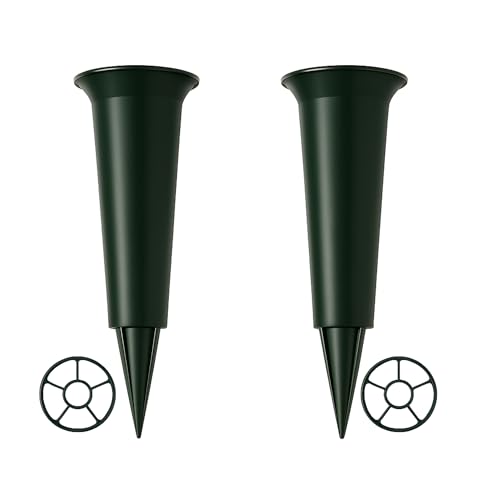 AMERISE Set of 2 Grave Vases with Spike - Weather Resistant Green Memorial Flower Holders for Graveside Cemetery Vases for Fresh or Artificial Flowers Durable Plastic with Grid Inserts