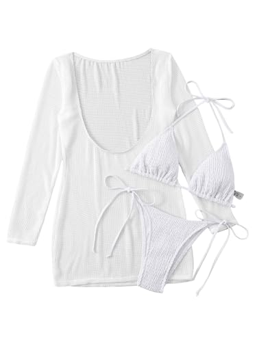 GORGLITTER Women's 3 Piece Swimsuit Triangle Halter Tops High Cut Thong Bikini Set with Cover Up Dress3