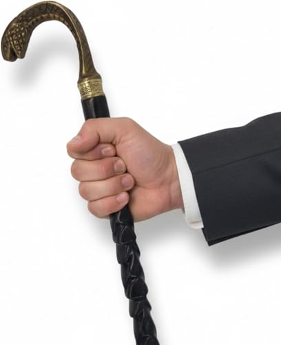 Antique Gold Snake-Pattern Brass Handle Carved Dark Wooden Walking Cane