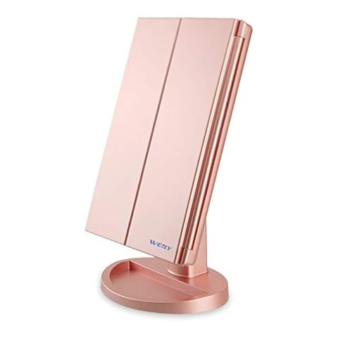 WEILY Makeup Mirror, 1 x / 2 x / 3 x Tri-Fold Makeup Mirror with 21 LED Lights and Adjustable Touch Screen Mirror Cosmetic Countertop Mirrors (Rose Gold) Cover