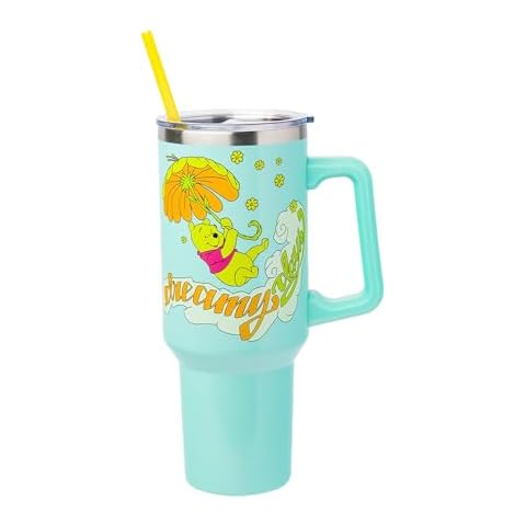 Silver Buffalo Disney Winnie the Pooh “Dreamy Days” Retro Art Stainless Steel Tumbler with Handle and Straw, Fits in Standard Cup Holder, 40 Ounces Cover