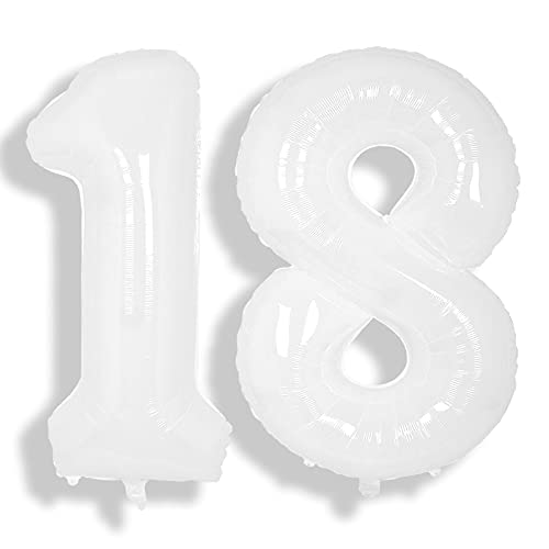 Image of SUWEN 40 Inch White Large 18 Balloon Number Big Foil Helium Numbers 0-9 | Giant Jumbo Happy 18th Birthday Party Decorations for Men or Women Huge Mylar 81 Anniversary Party Supplies